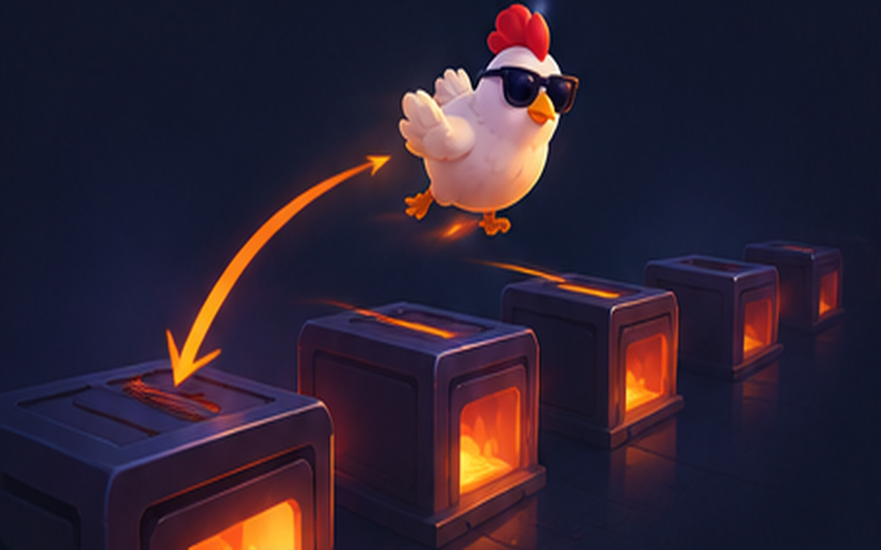 Chicken practicing timing across glowing oven platforms