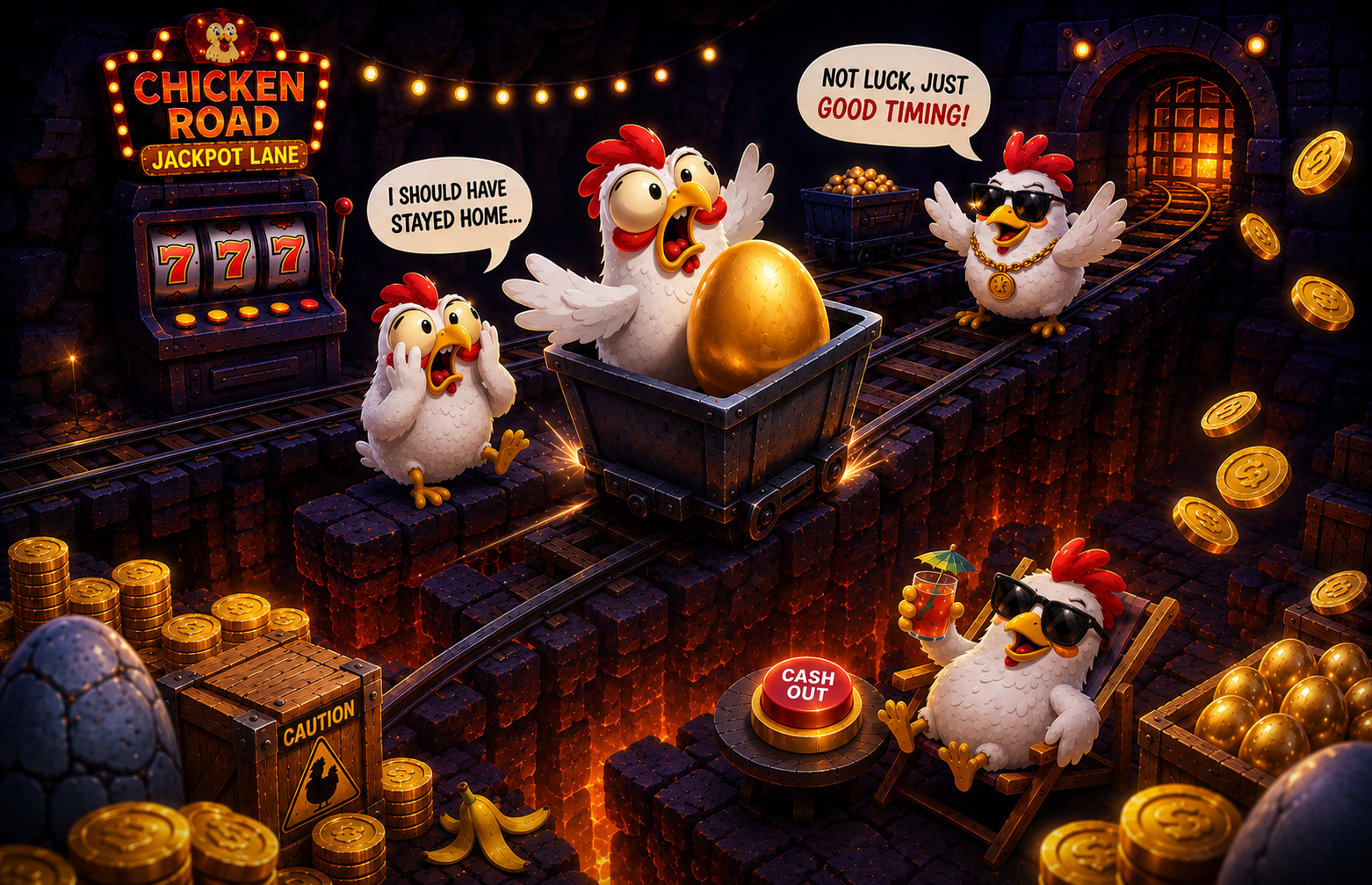 Chicken crossing a fiery road toward a glowing egg